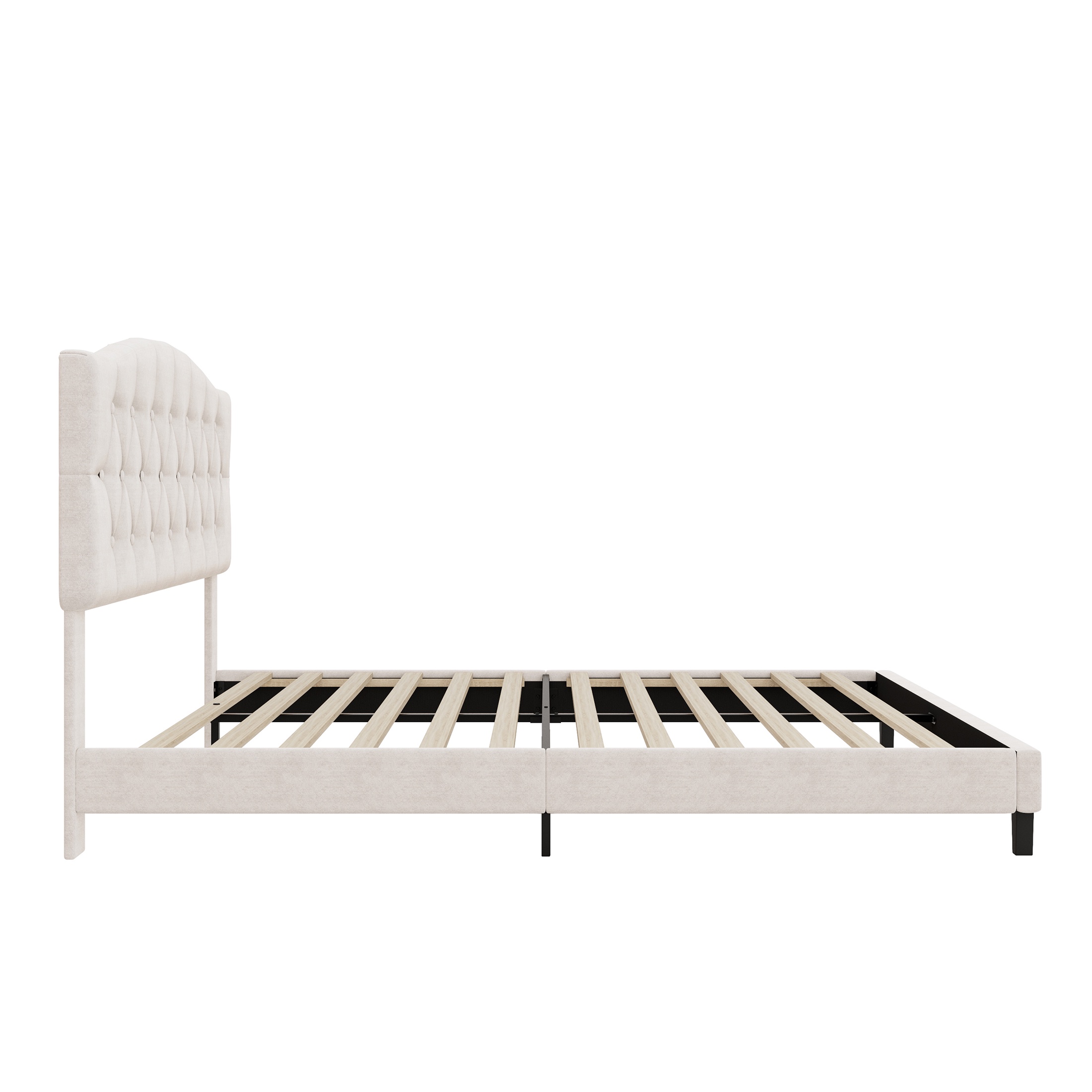 PORKISS Queen Size Linen Bed Frame with Upholstered Button Tufted Adjustable Headboard, Platform Bed with Wooden Slats Support, Holds 800lbs, Beige
