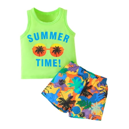 

Shuttle tree 2Pcs Baby Boys Summer Clothing Sets Cute Letters Print Sleeveless Tank Tops T-Shirt+Palm Shorts Outfits