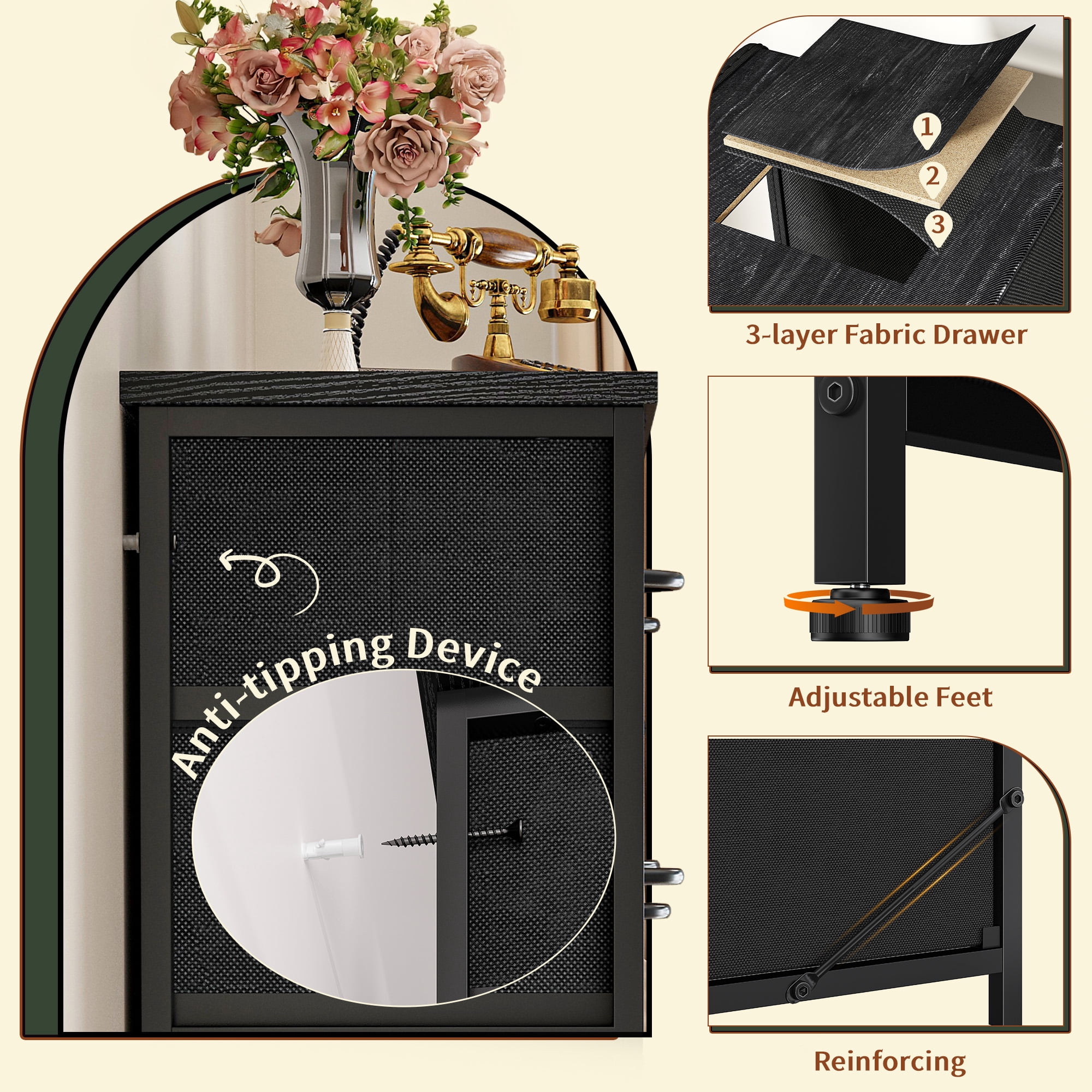 Black Dresser for Bedroom with 13 Fabric Drawers Tall Dresser with LED Light & Charging Station, Rustic Brown