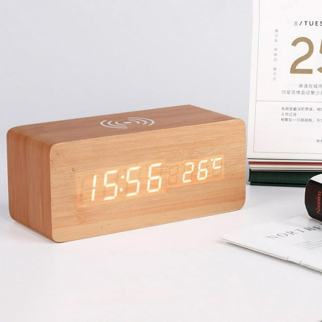 Réveil Numérique en Bois avec Fonction de Recharge Sans Fil Réveil Numérique Multifonction 3 Affichages LED d'Alarme