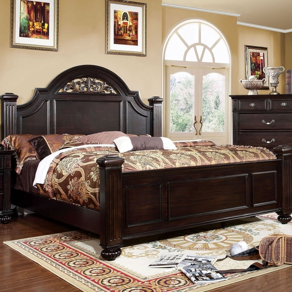Miekor Furniture Eastern King Size Bed 1pc Contemporary Style Dark Walnut Bedroom Furniture Formal Floral Design in Headboard 11941