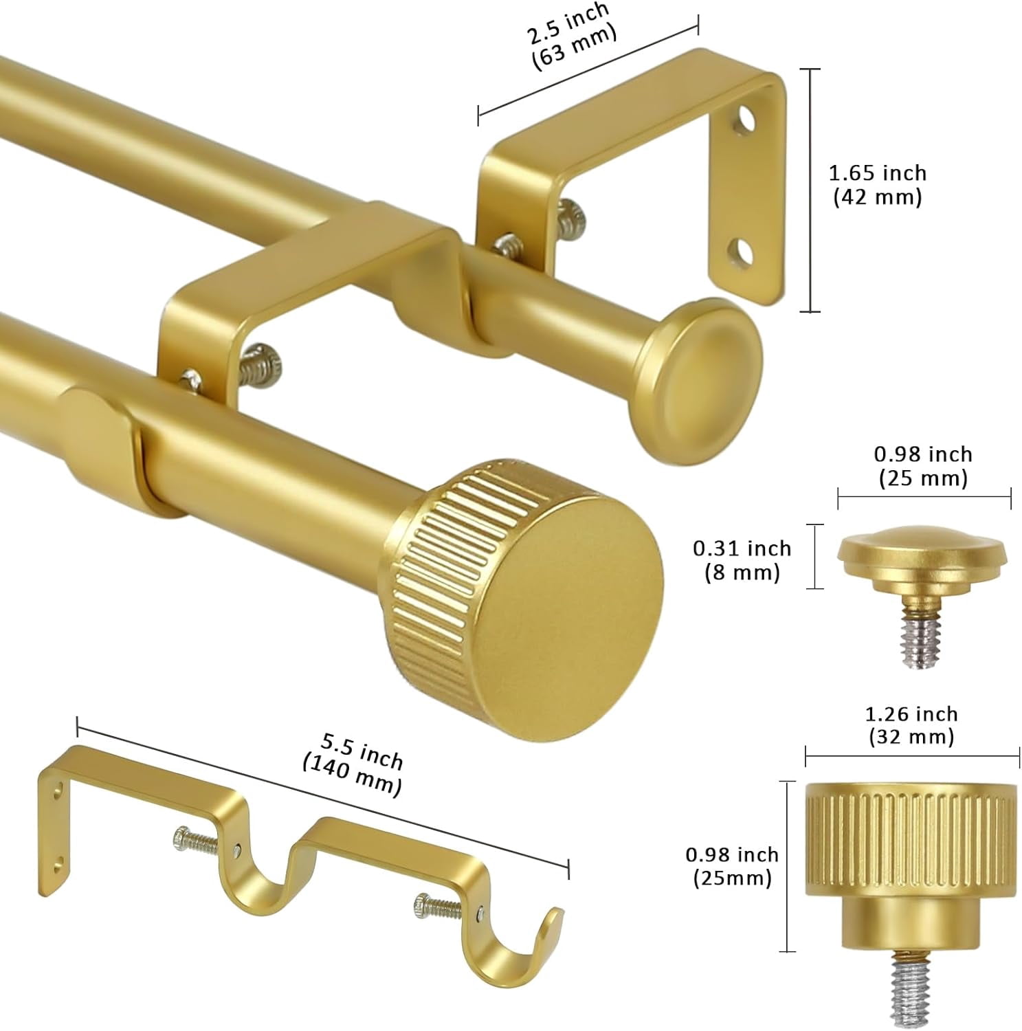eTeckram 5/8" Double Curtain Rod with Bouton Finials,Gold,48‘’-84‘’