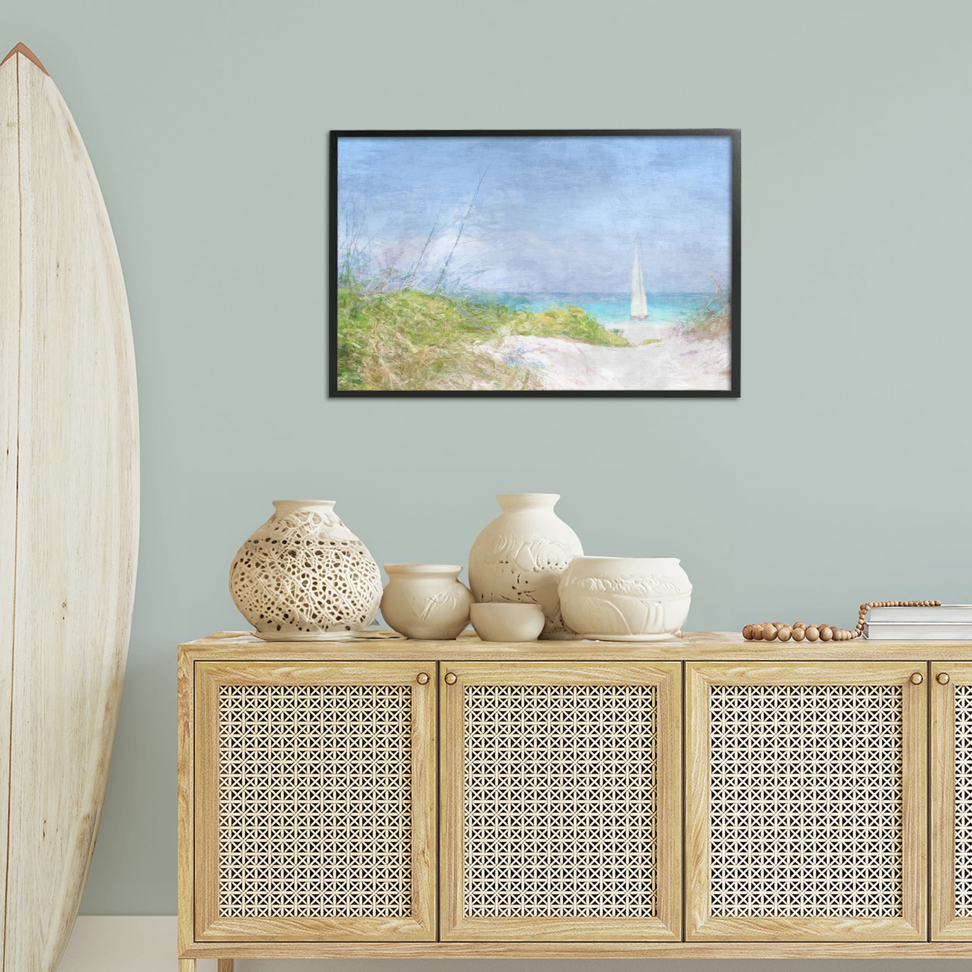 Stupell Industries Solitary Yacht Seascape Coastal Painting Black Framed Art Print Wall Art, 30 x 20