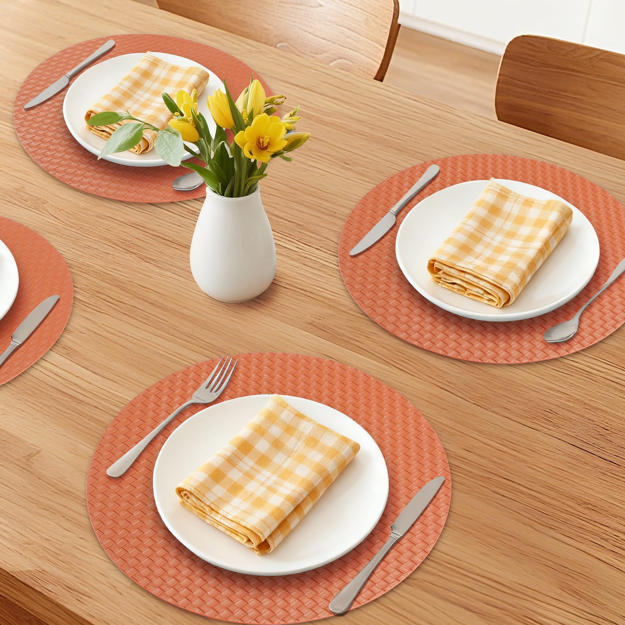 Unique Bargains Round Placemats 6pcs Faux Leather Placemats Brown 15"x15"