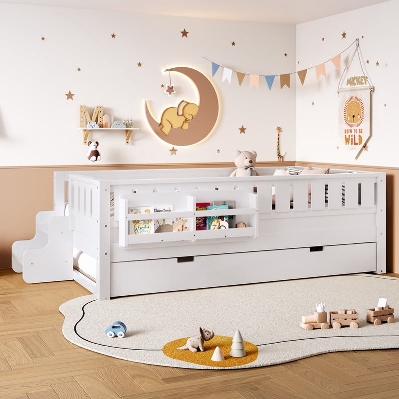 Twin Size Low-Profile Kid's Platform Bed with Built-in Bookshelves & Small Staircase, Wooden Bed Frame with Safety Rails & Trundle