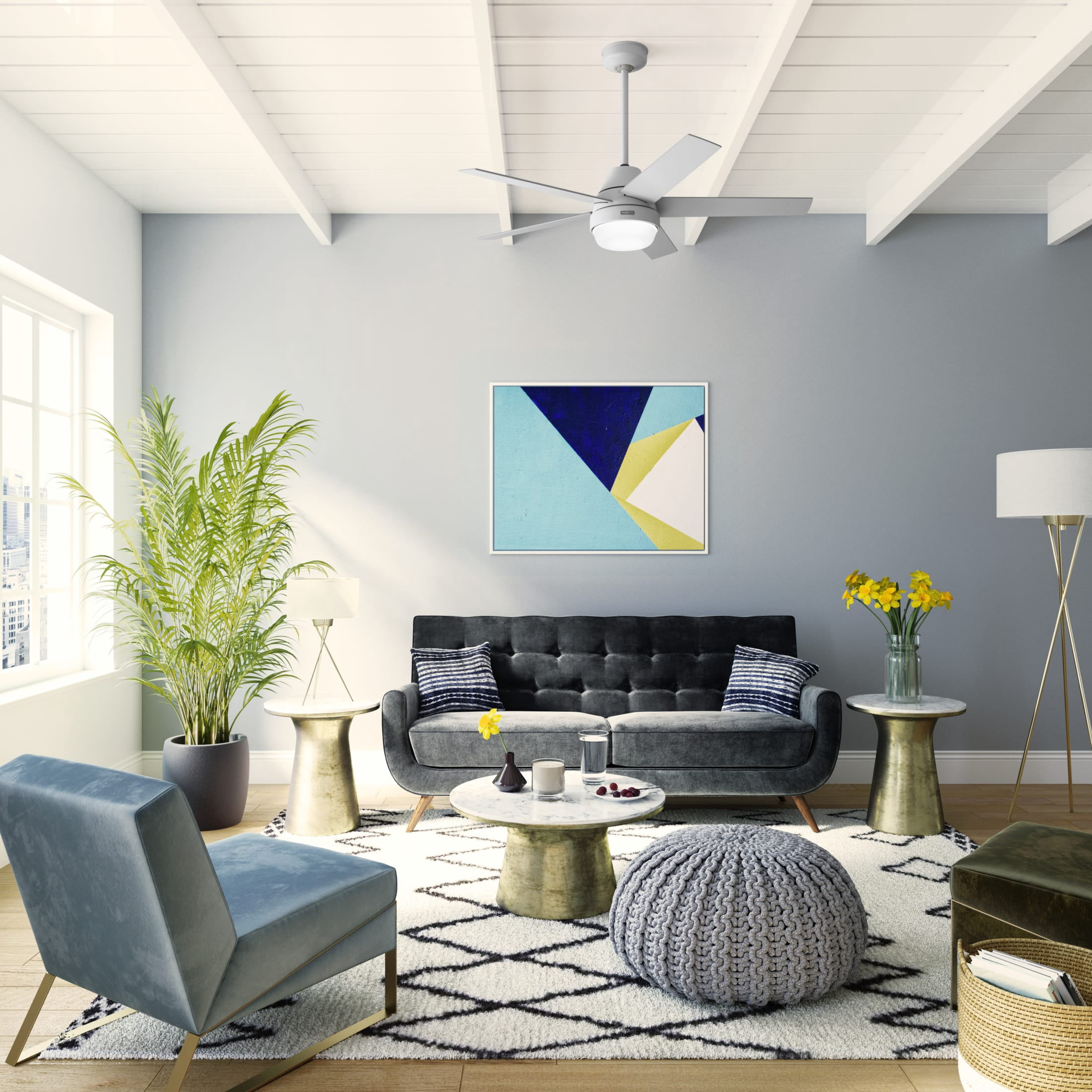 Hunter 52 inch Indoor Ceiling Fan with LED Light and Remote Control - Modern Smart Ceiling Fan, Standard Mount, 5 Blades, For Bedroom, Living Room, or Kitchen, Quiet - Aerodyne 52614, Dove Grey