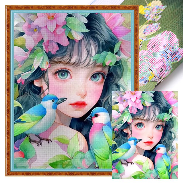 Kit Punto Cruz Con Pájaro Y Niña Hilo Algodón Ecológico Bordado 11CT 40x53cm