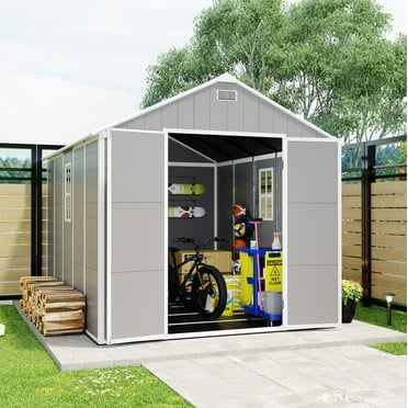 8' x 10' Outdoor Storage Shed with Lockable Doors & Resin Base, Plastic Garden Tool Storage Shed, Black&Gray