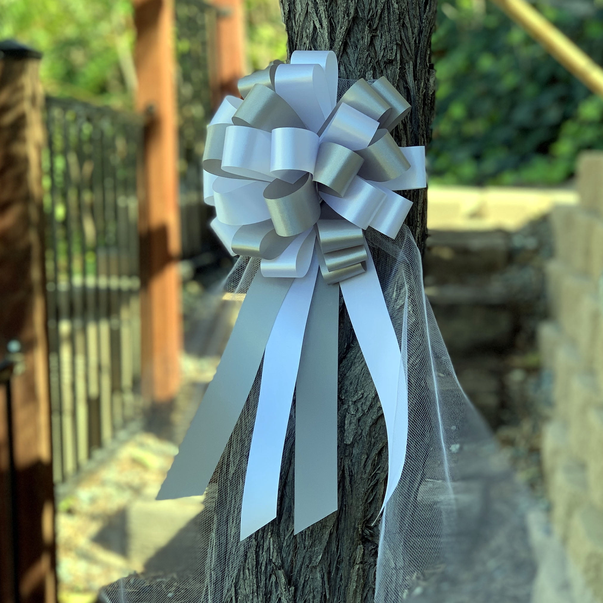 White and Silver Pull Bows with Tulle Tails - 8" Wide, Set of 6, Wedding Pew Bows, Aisle Decoration. Reception, Anniversary