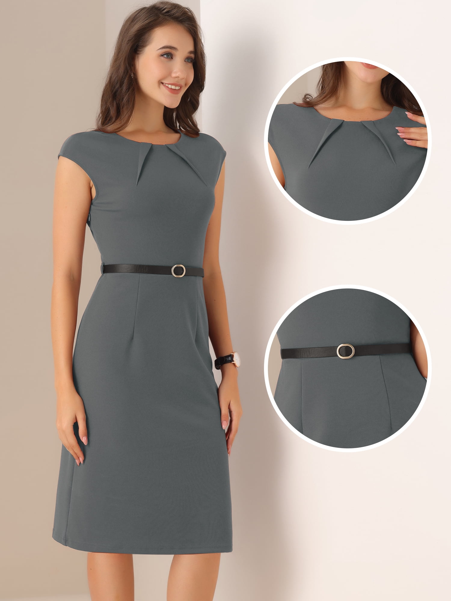 DARING DIVA Elegant Round Neck Cap Sleeve Belted Work Sheath Dresses XS Dark Grey