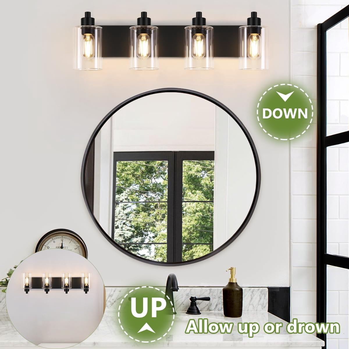 4-Light Bathroom Vanity Light Matte Black Bathroom Lights over Mirror with Clear Glass Shade for Bedroom,Living Room