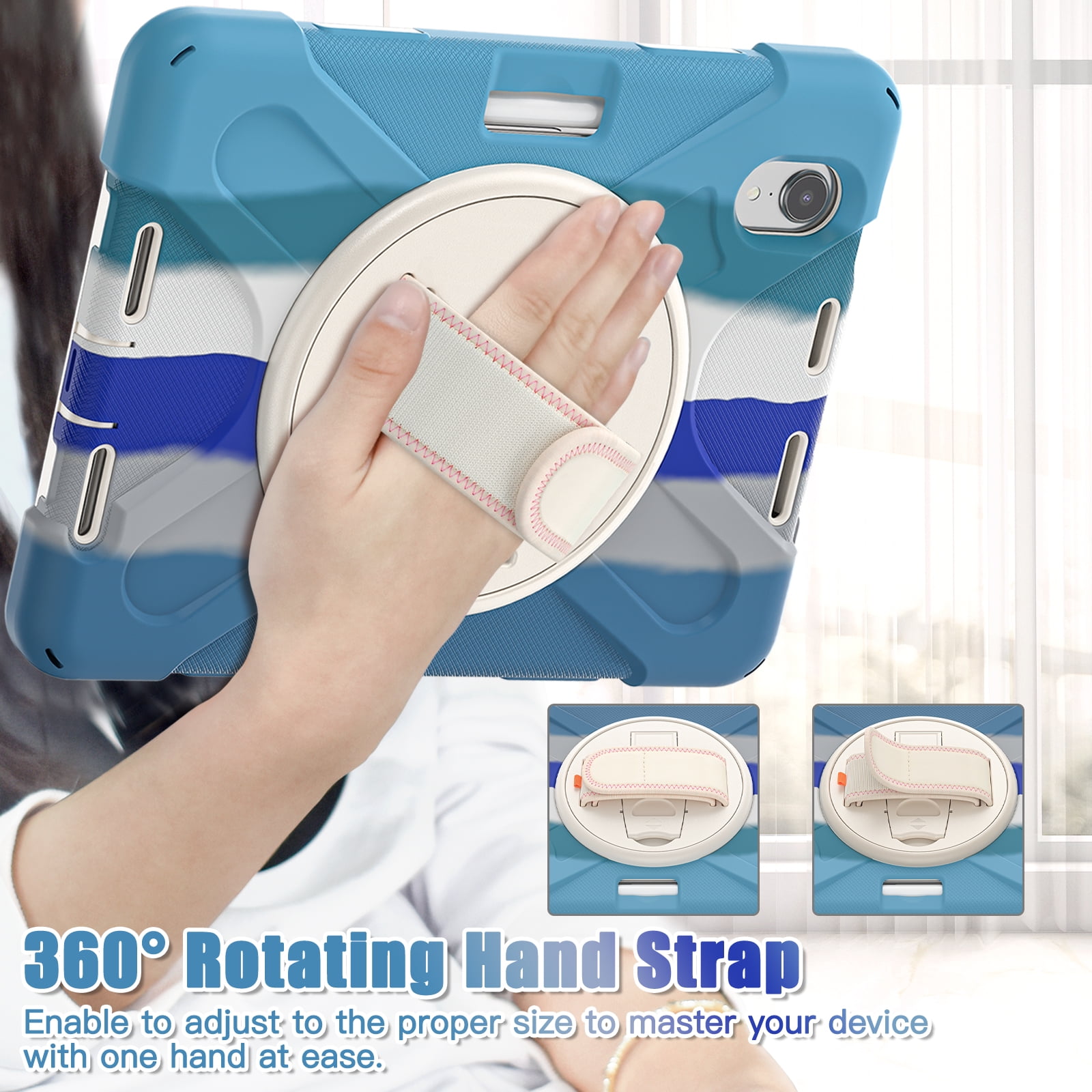 Rugged Case for 2021 Apple iPad Mini 8.3-Inch (6th Generation 2021 Release) - Rotating Stand Case with Hand Strap /Adjustable Shoulder Strap /Pencil Holder, Shockproof Protective Cover (Rainbow Blue)
