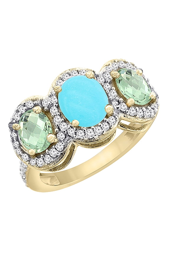 14K Yellow Gold Natural Turquoise & Green Amethyst 3-Stone Ring Oval Diamond Accent, size 9.5