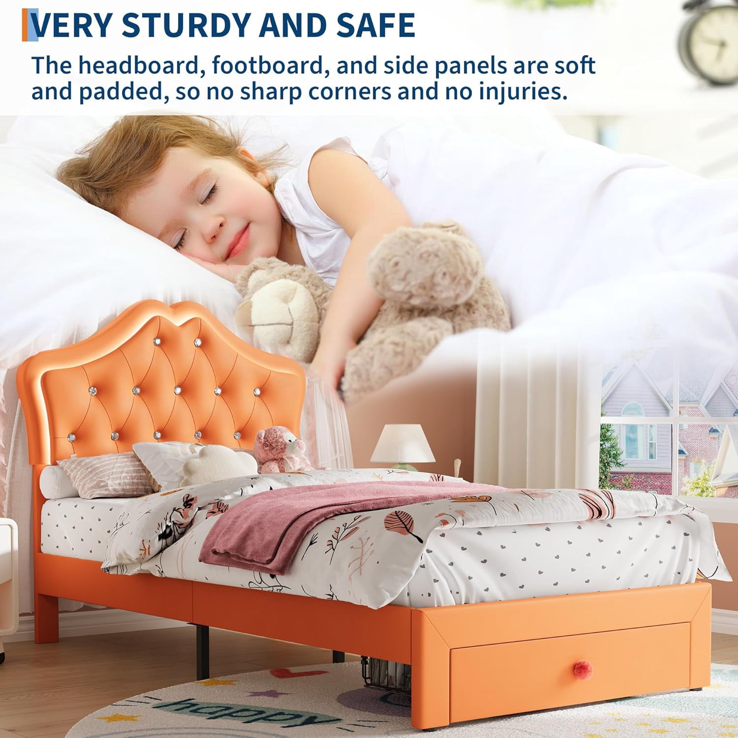 Twin Size Bed Frame with LED Lights & Velvet Upholstered Girls Platform Bed with Storage Drawers,No Box Spring Needed,Easy Assembly, Noise Free,Orange