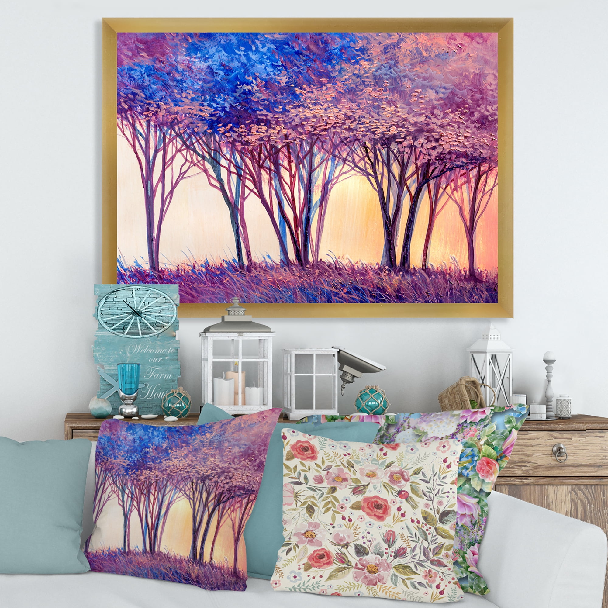Designart 'Colorful Blue Trees Abstract Forest Landscape' Modern Framed Art Print