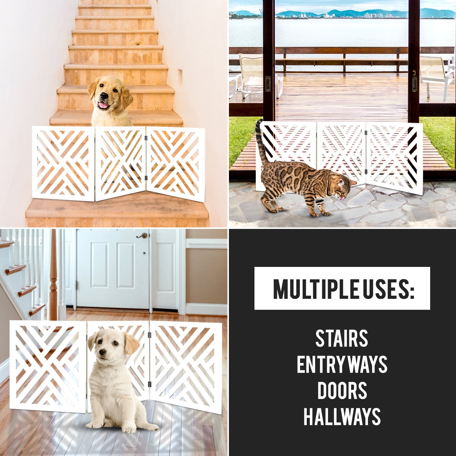 Bundaloo Freestanding Dog Gate Expandable Decorative Wooden Fence for Small to Medium Pet Dogs, Barrier for Stairs, Doorways, & Hallways (White Lattice)