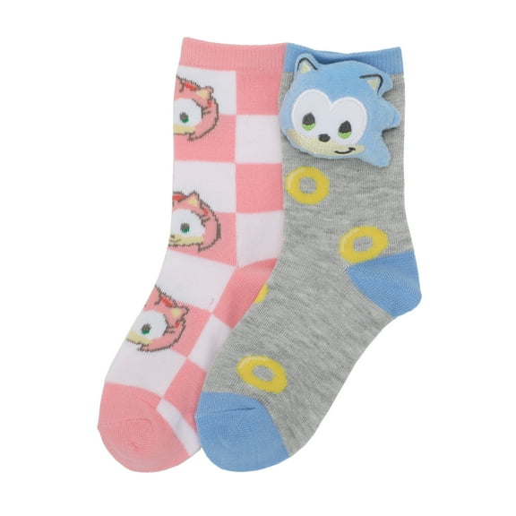Sonic The Hedgehog 3D Plush Sonic & Amy Head Youth Girls 2-Pair Crew Socks