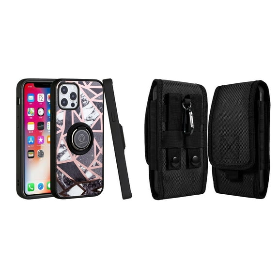 Bemz Ring Series Case for iPhone 14 (TPU Silicone Cover with Magnetic Stand) and Vertical Rugged Nylon Belt Holster Pouch - Black White Marble