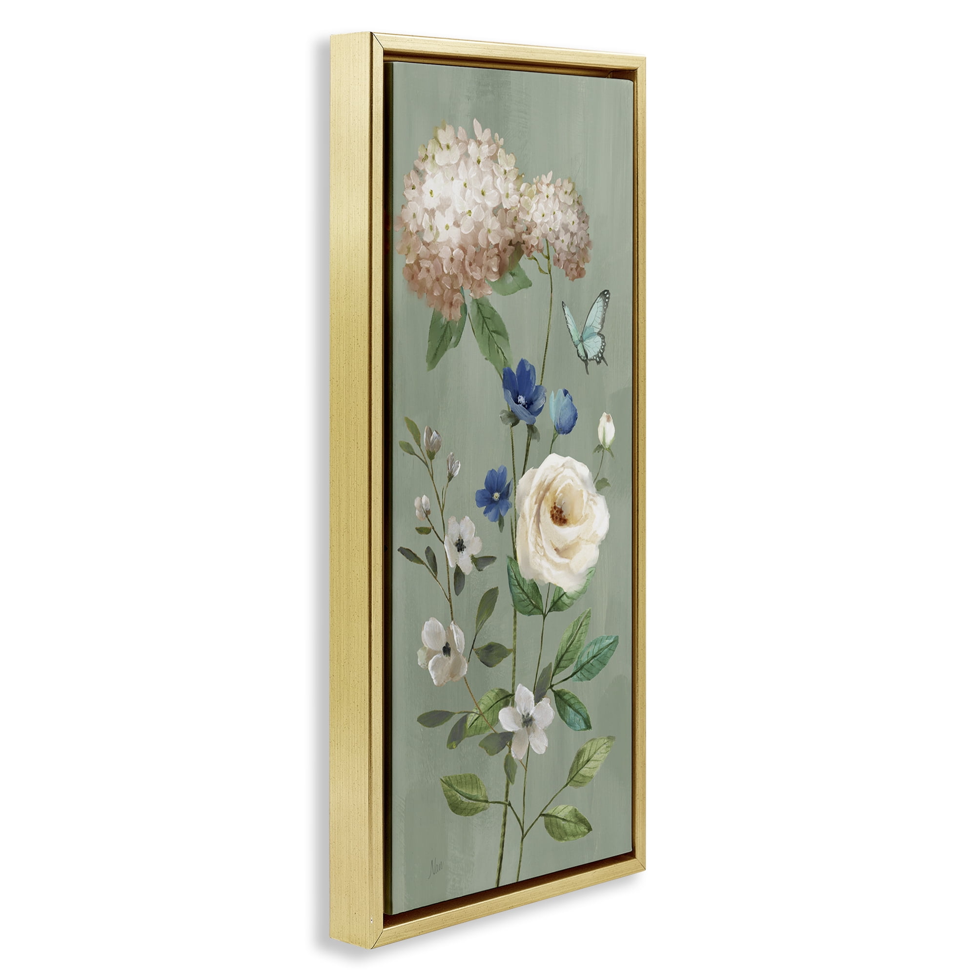Stupell Industries Hydrangea & Rose with Butterfly Gold Framed Floater Canvas Wall Art, design by Nan