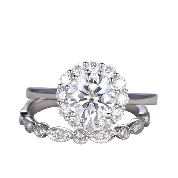 10mm 5 Carat Round Diamond Moissanite Engagement Ring Set Wedding Bands 10k White Gold Art Deco Matching