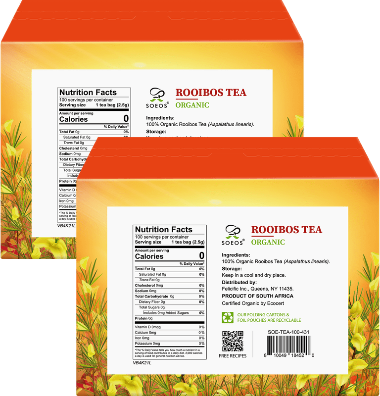 Soeos Organic Rooibos Tea,100 Teabag, 9oz (250g), 2 Packs, Total Weight of 18 oz (500g)