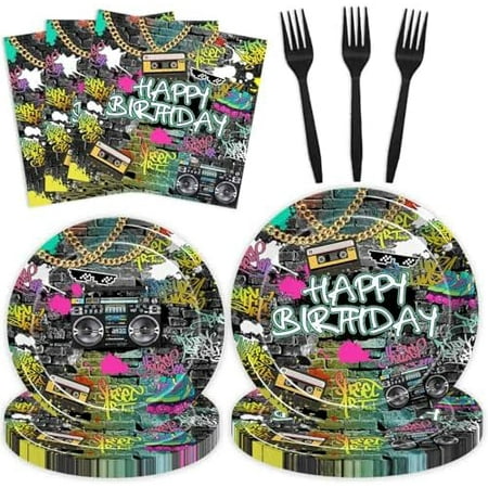 96-Pc graffiti brick wall hip-hop 80s/90s birthday tableware set with plates and napkins, serves 24.