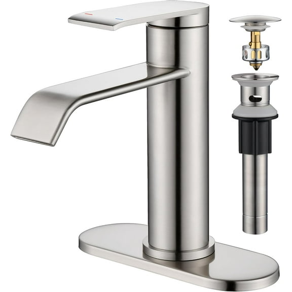 Bathroom Faucet 1 Hole, Brushed Nickel Bathroom Sink Faucet with Pop-up Drain Lines and Deck, Modern Waterfall Bathroom Faucets Single Handle, JJL-MP-7001BN
