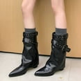 thumbnail image 2 of Dakaela Women's Fold over Boots Pointy Toe Mid Calf Cowboy Western Booties Buckles Pull on Dressy Winter Riding Shoes Black 7, 2 of 7