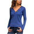 thumbnail image 2 of CEHVOM Mode Femmes Col en V à Boutons Uni Décontracté Ample Manches Longues T-shirt pour Femmes, 2 of 5