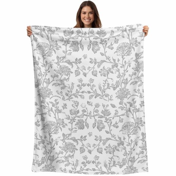 Boho Gray Flower Blanket Soft Cozy Warm Throw Blanket for Couch, Plush Fuzzy Flannel Fleece Blankets for Sofa, Vintage Farmhouse Leaf Spring Plant Bed Blankets Lightweight Gifts for Women, 32"x48"