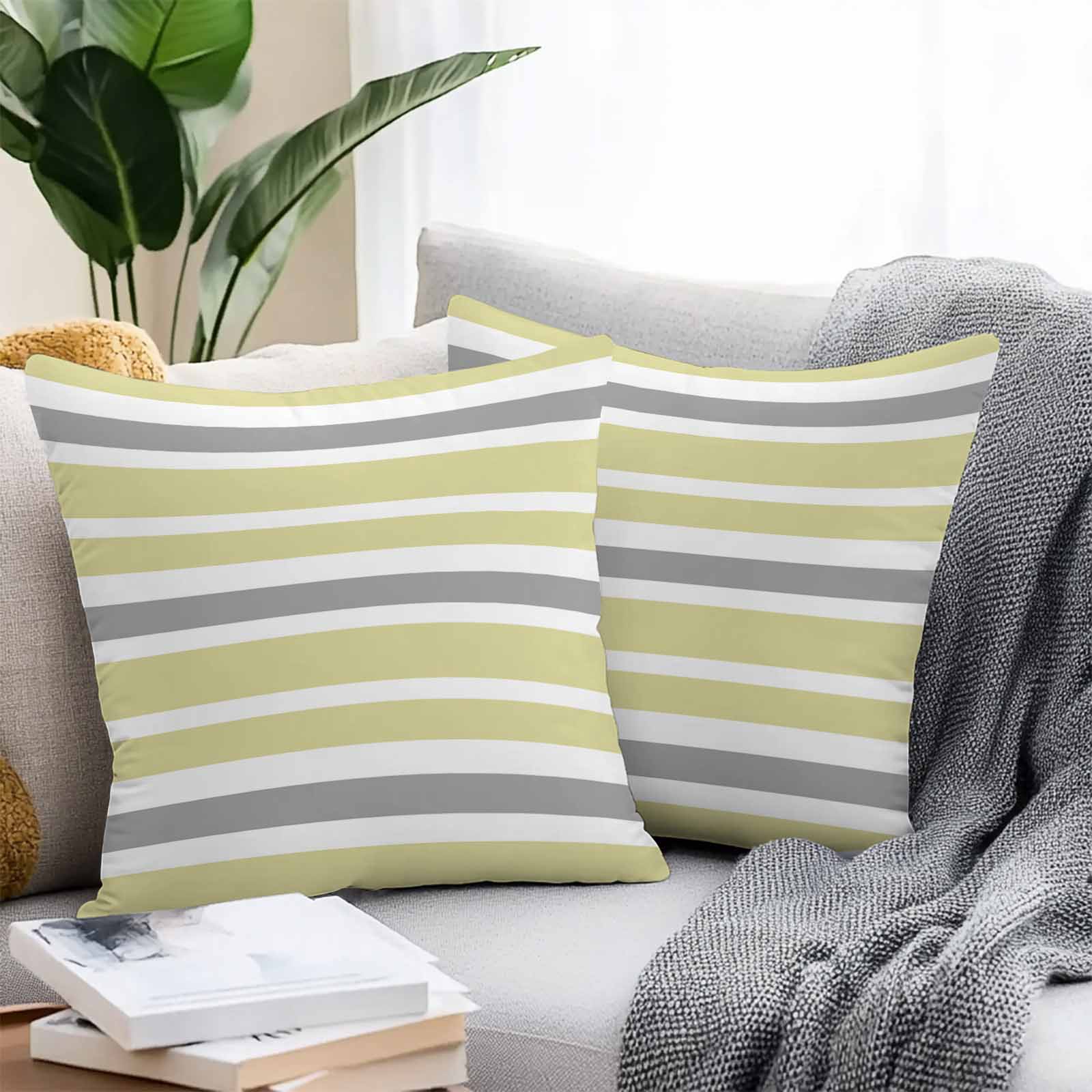 Outdoor Waterproof Throw Pillow Covers Set of 2 Yellow, Grey and White Stripes Decorative Pillowcases Outdoor Pillows Cushion Case 18x18 Inch Striped Pattern Patio Pillows for Couch Sofa Bed Garden