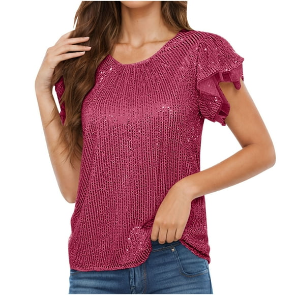 yoeyez Women's Sequin Tops 3/4 Length Sleeve Womens Top V-Neck Cut-out Shiny Blouse Glitter Sparkly Dressy Tops for Evening Party Hot Pink L