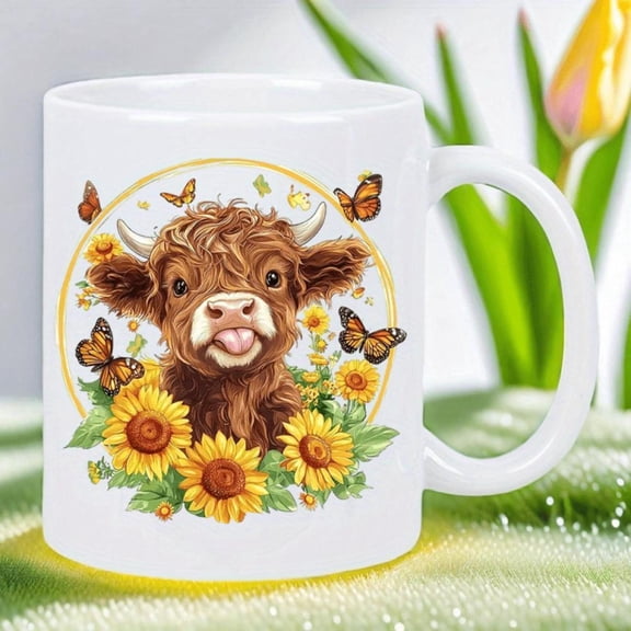11oz Ceramic Coffee Mug with Cute Highland Cow Sunflower Design Reusable Hand Wash Only White Travel Mug Coffee Lovers Men Women Coffee Bar Accessories Coffee Cup Charming Drinkwar