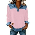 thumbnail image 4 of Nuoqisi Oversized Shirts for Womens Cozy Spring Summer Tops Tunic Collared Denim Polo Patchwork Pullover Long Sleeve Round Neck Sweatshirt, 4 of 8