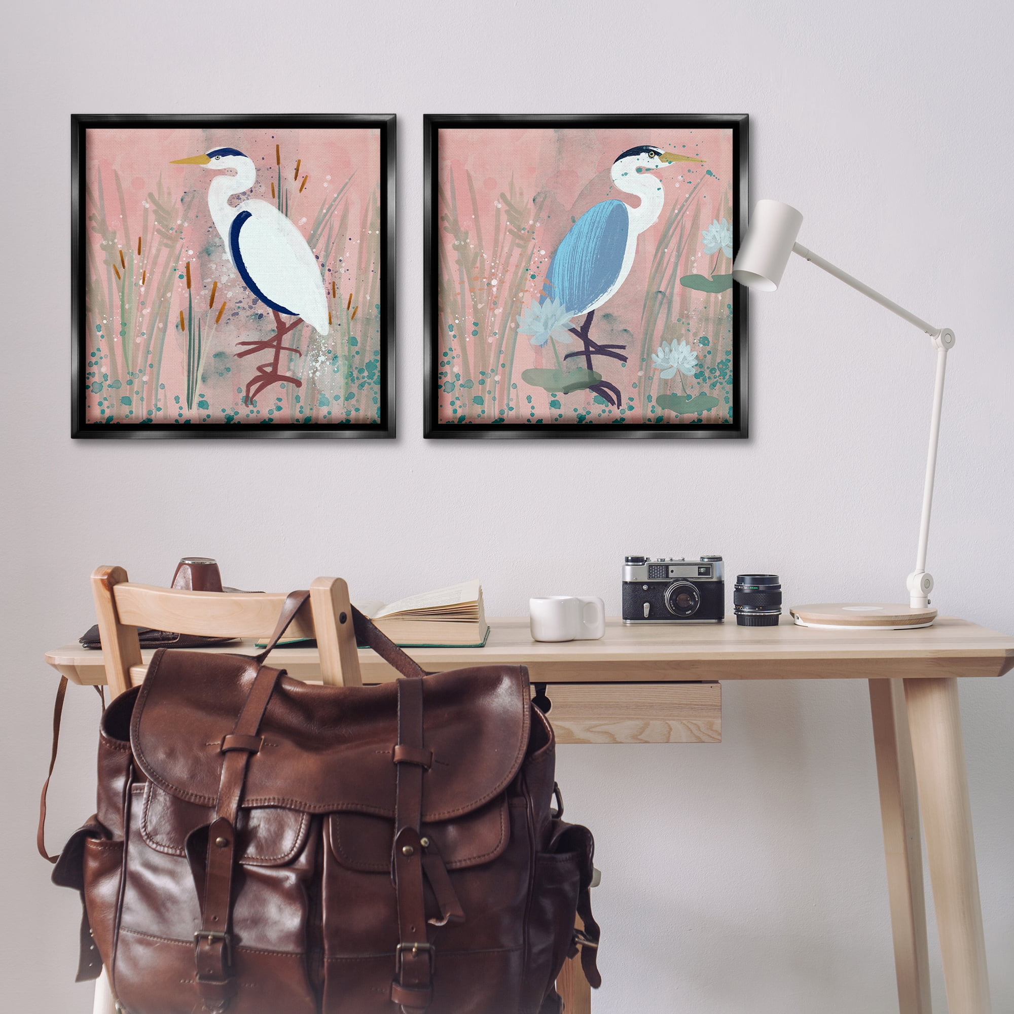 Stupell Industries Blue Heron Egret Cattail Marsh Animals Painting Black Floater Framed Canvas Art Print Wall Art, 25 x 25, Set of 2