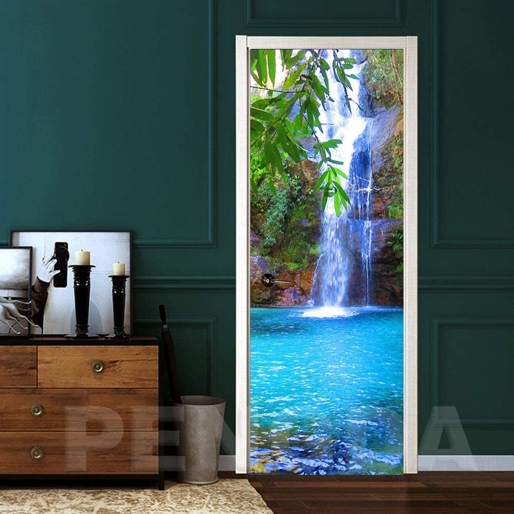 Waterfall Tree Nature Landscape Wallpaper Door Trompe L'Oeil For Living Room Bedroom Home Decoration Wall Stickers Self Adhesive Removable Decals 77X200Cm