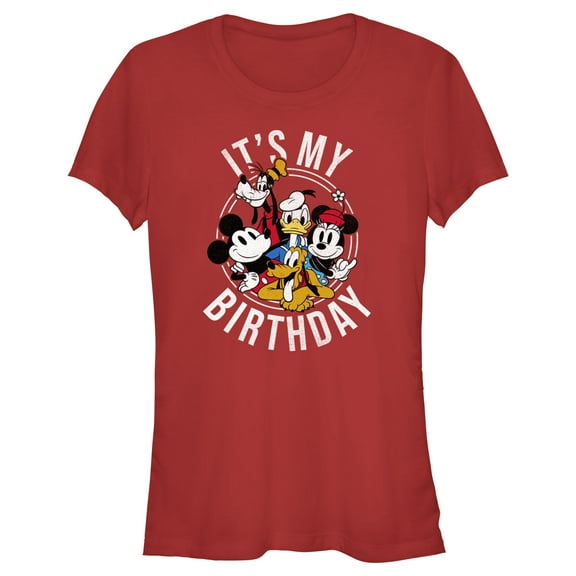 Junior's Mickey & Friends It's My Birthday Group Shot Graphic Tee Red X Large