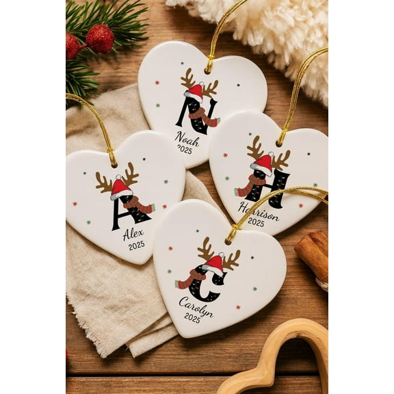 Personalized Family Christmas Ornament 2025, Custom Initial Ornament with Name, Ceramic Heart Holiday Keepsake, 3 Inch