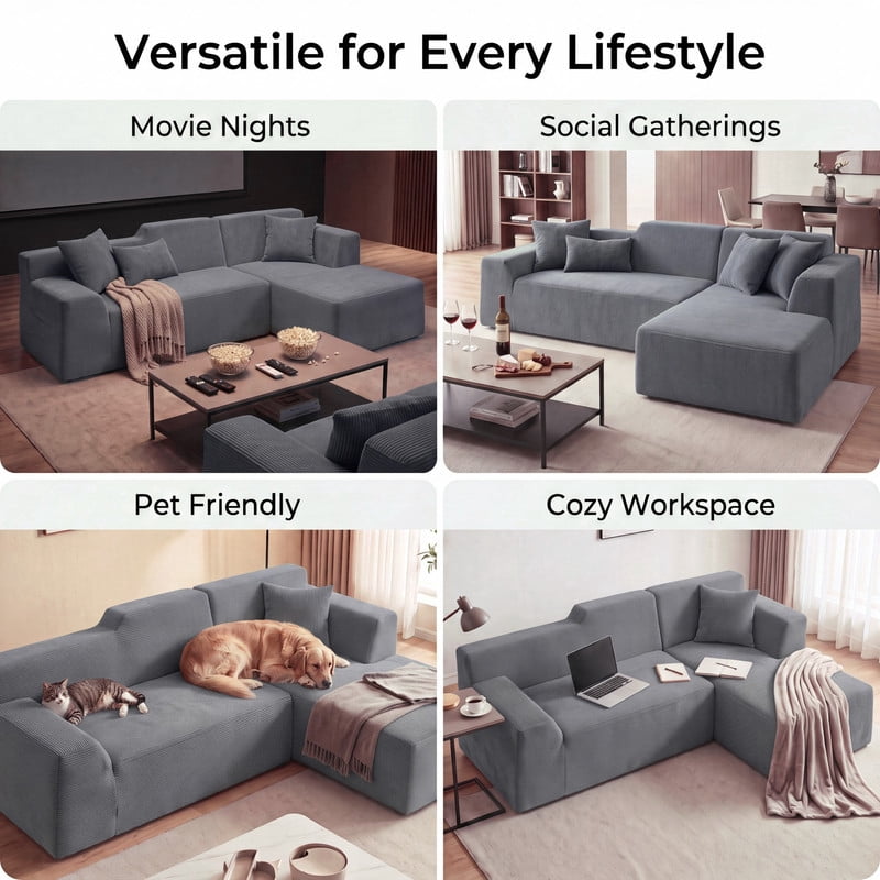 Gewnee 96" Modular Sleeper Sofa Bed, Boneless Sectional Couch with Deep Seat, Boneless Couches for Living Room, Gray（Corduroy）