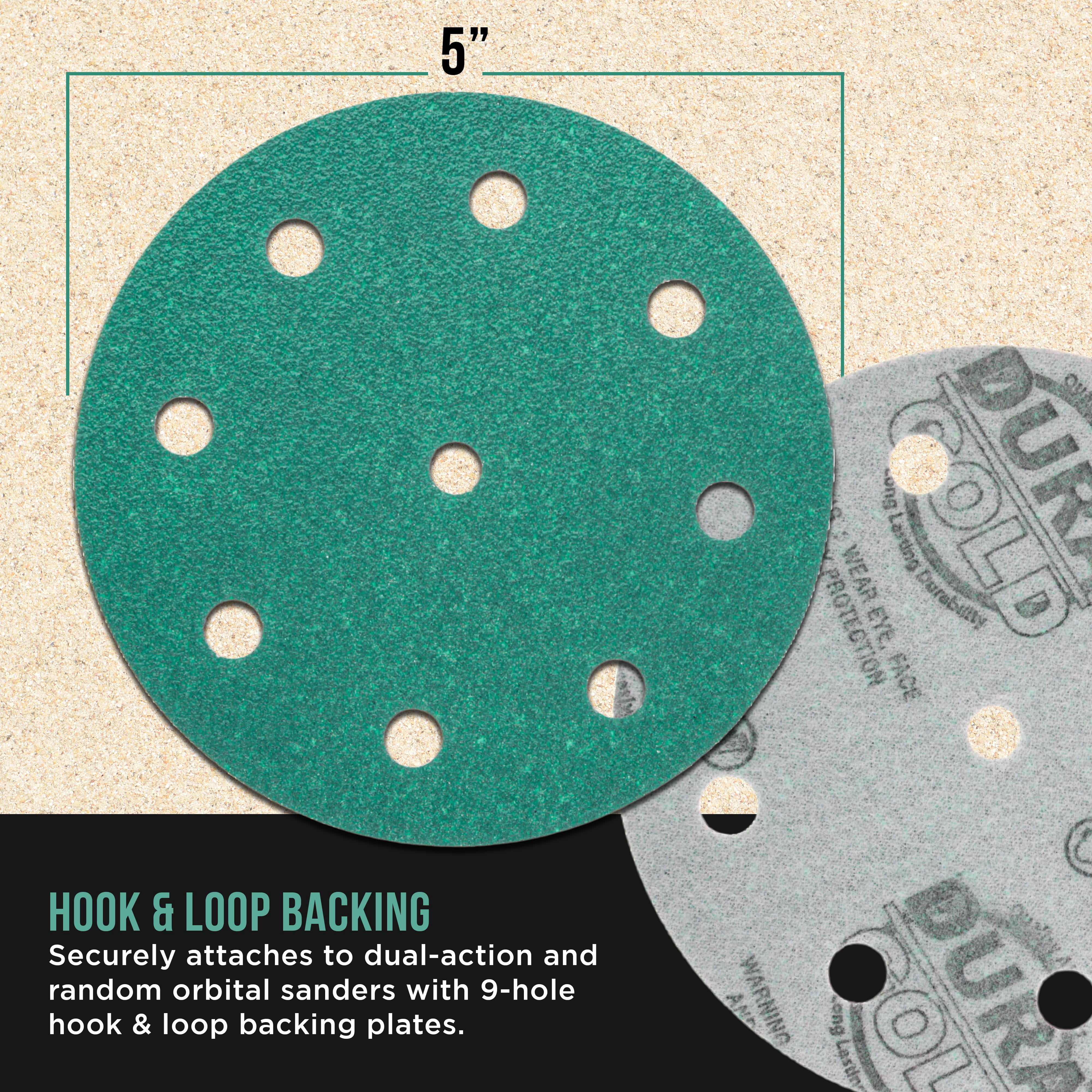 Dura-Gold Premium 5" Green Film Sanding Discs, 9-Hole Pattern, 50 Disc Variety Pack, Grits 60, 80, 120, 180, 220, 320, 400, 600, 800, 1000 - Heavy-Duty Hook & Loop Sandpaper, DA, Random Orbital Sander