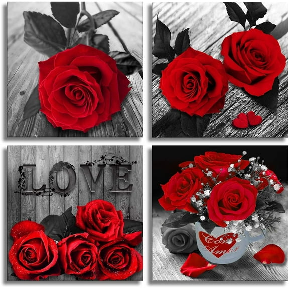 Canvas Wall Art Red Rose Painting Bathroom Accessories,Black and White Wall Art Flower Pictures Canvas Print Artwork for Living Room Bedroom Home Decorations 4 Pieces
