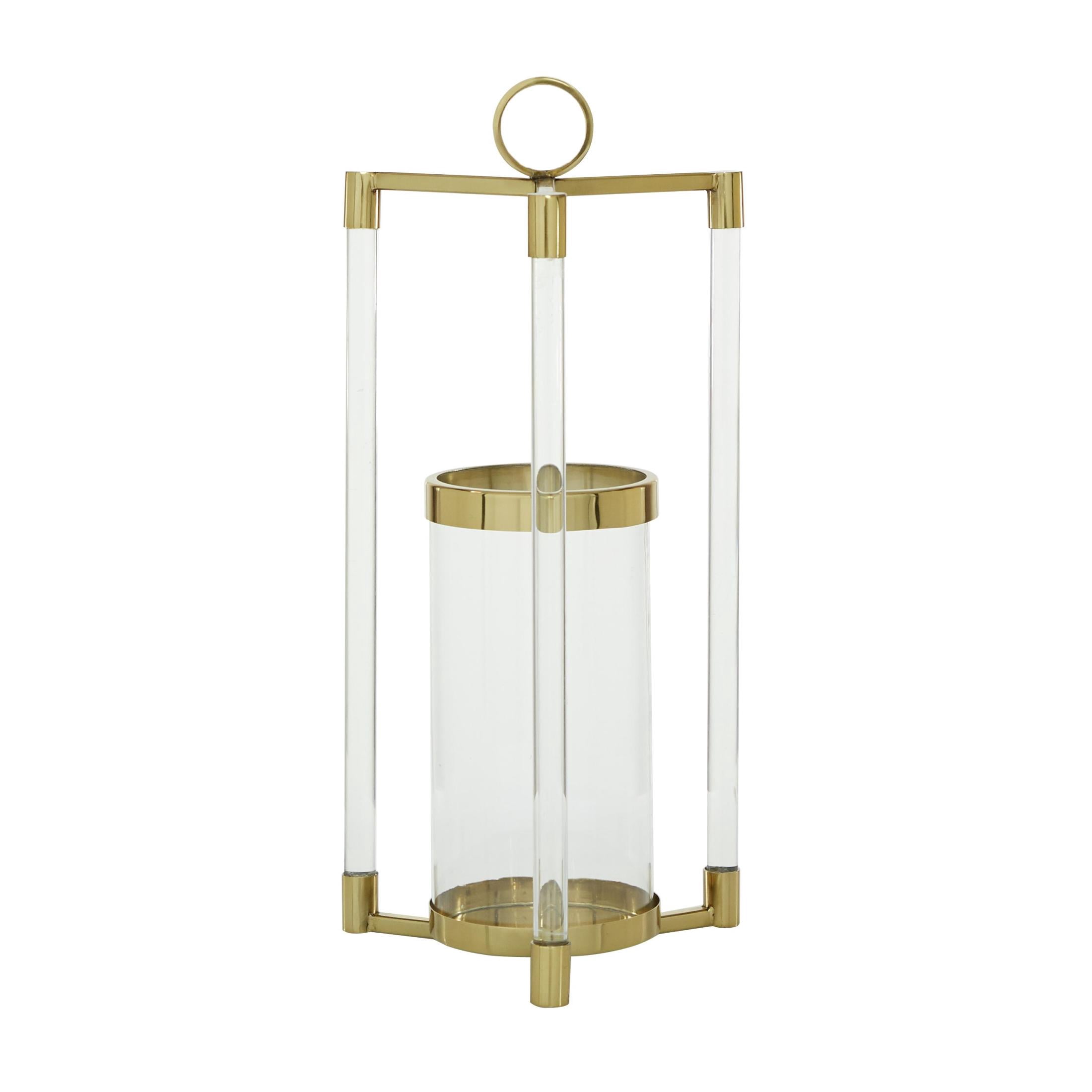 DecMode Gold Stainless Steel Metal Decorative Candle Lantern with Acrylic Accents