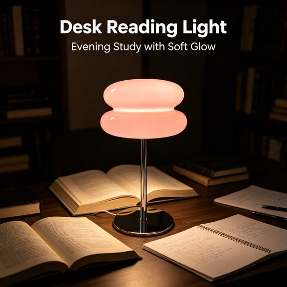 Pink Double‑Layer Cloud Glass Table Lamp, Dimmable Retro Mushroom Bedside Lamp, Chrome Metal Base, Warm Ambient Nightstand Lamp for Bedroom Home Decor