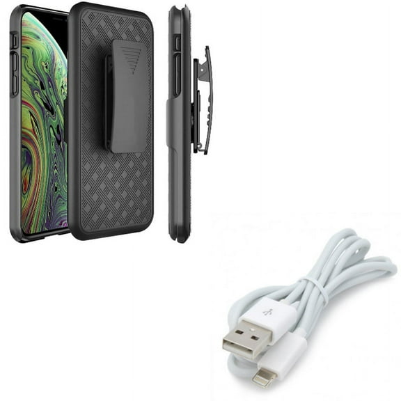 USB Cable w Case Belt Clip for iPhone XS/X - Charger Cord Power Wire Sync Fast Charge, Holster Swivel Cover Kickstand Armor for iPhone XS/X