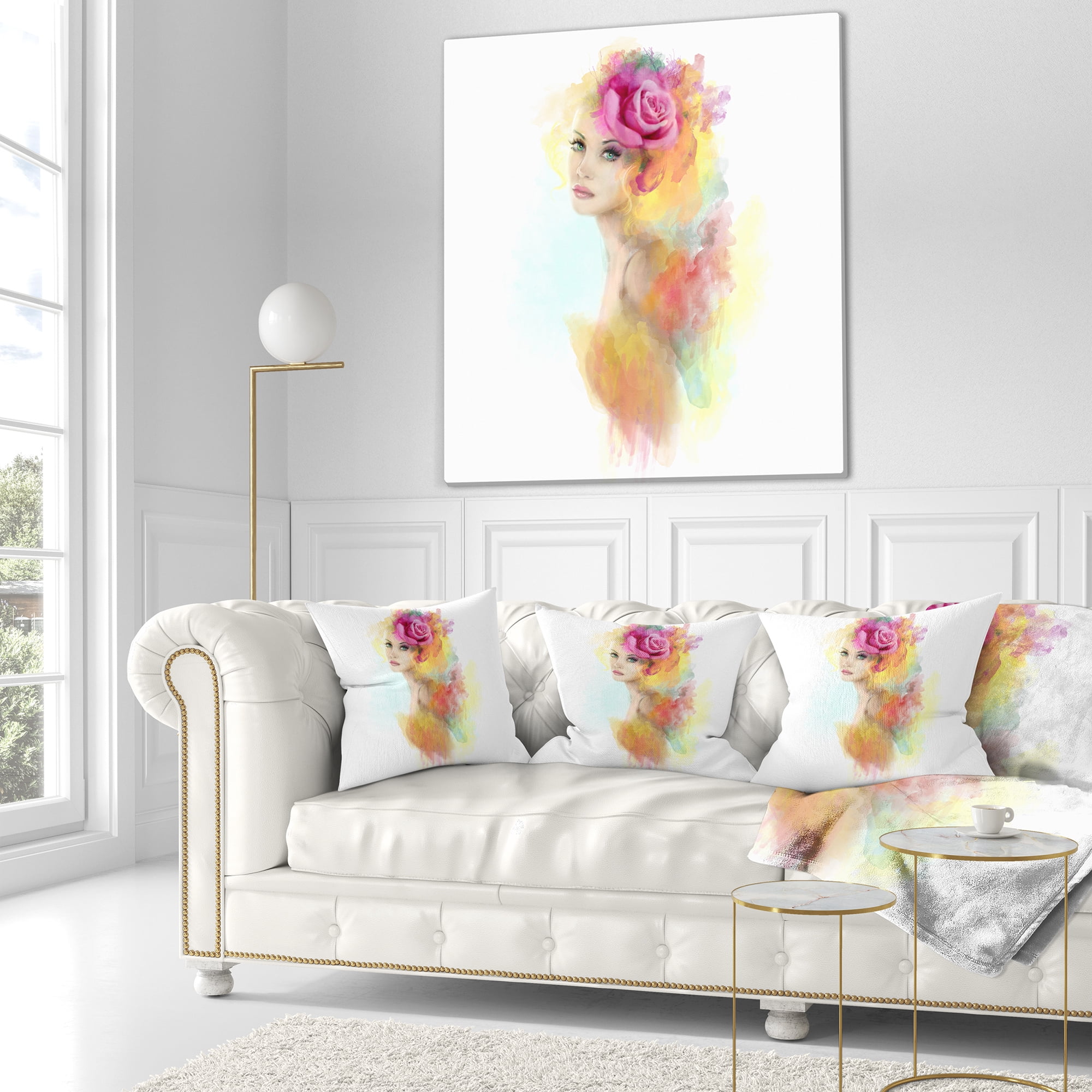 Designart Summer Woman with Flowers - Floral Painting Throw Pillow - 16x16