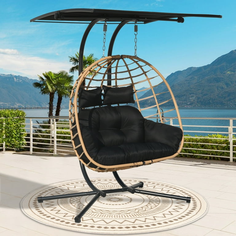 FKSLIFE Outdoor Indoor Double Hanging Egg Chair Swing With Stand Canopy Cushion for Patio Garden Bedroom Living Room Max 620lbs