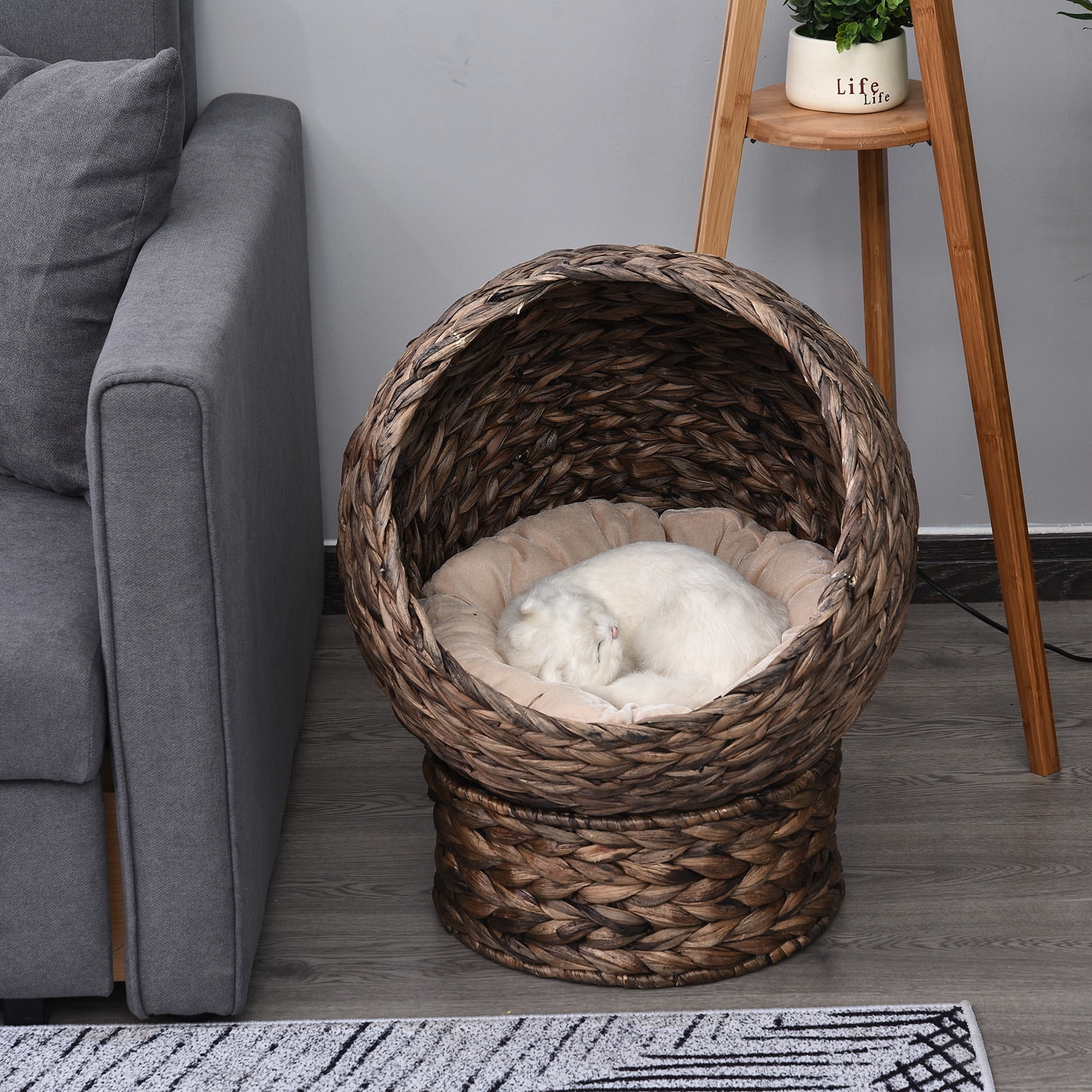 Handwoven Elevated Cat Bed with Soft Cushion & Cat Egg Chair Shape, Cat Basket Bed Kitty House with Stand, Raised Wicker Cat Bed for Indoor Cats, 23.5" H, Grey