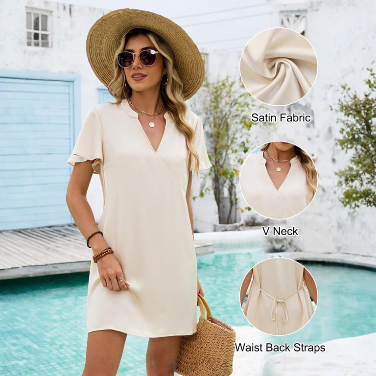CIENVNSTG Womens Formal Dresses Plus Size Elegant Mini Dress Short Sleeve V  Neck Straight Soft Casual Summer Loose Midi Dresses Beige XL - Walmart.com