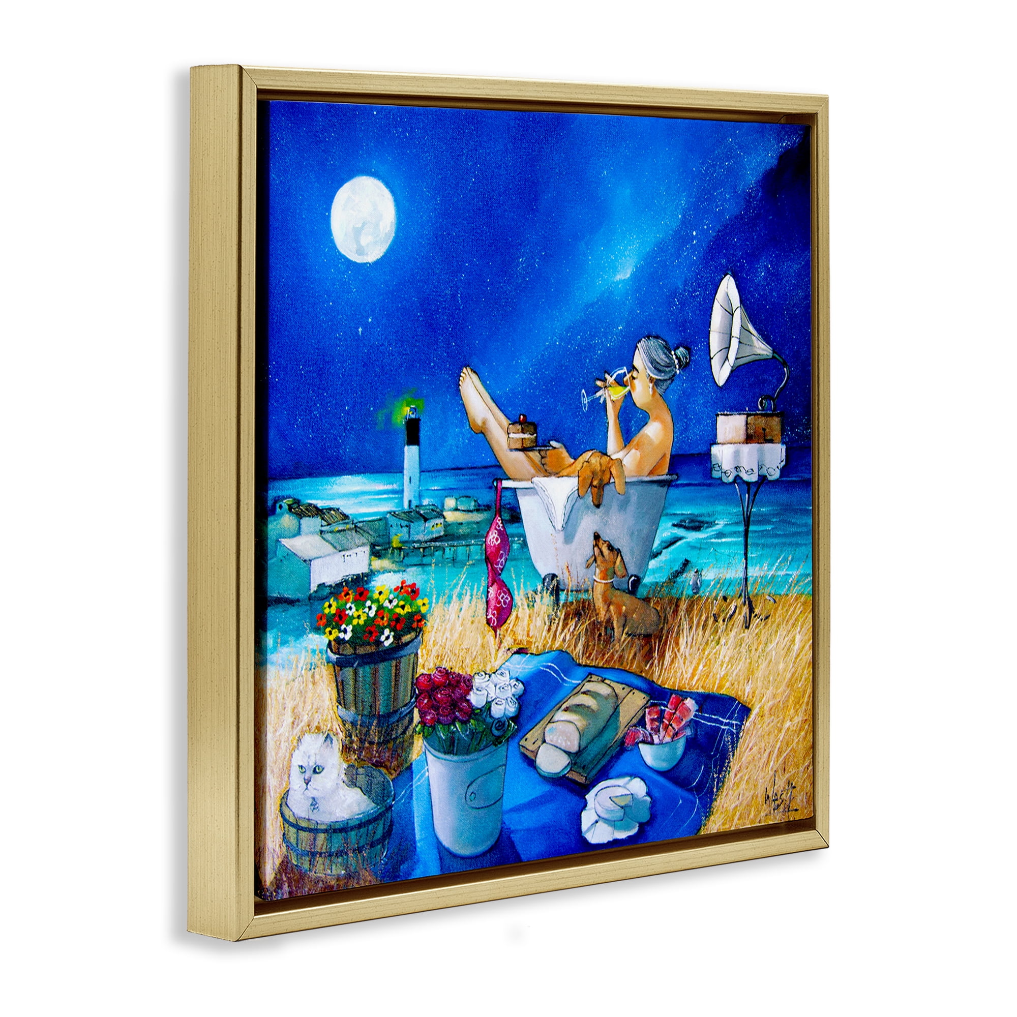 Stupell Industries Nighttime Bath by Sea Food & Beverage Painting Gold Floater Framed Canvas Art Print Wall Art, 25 x 25
