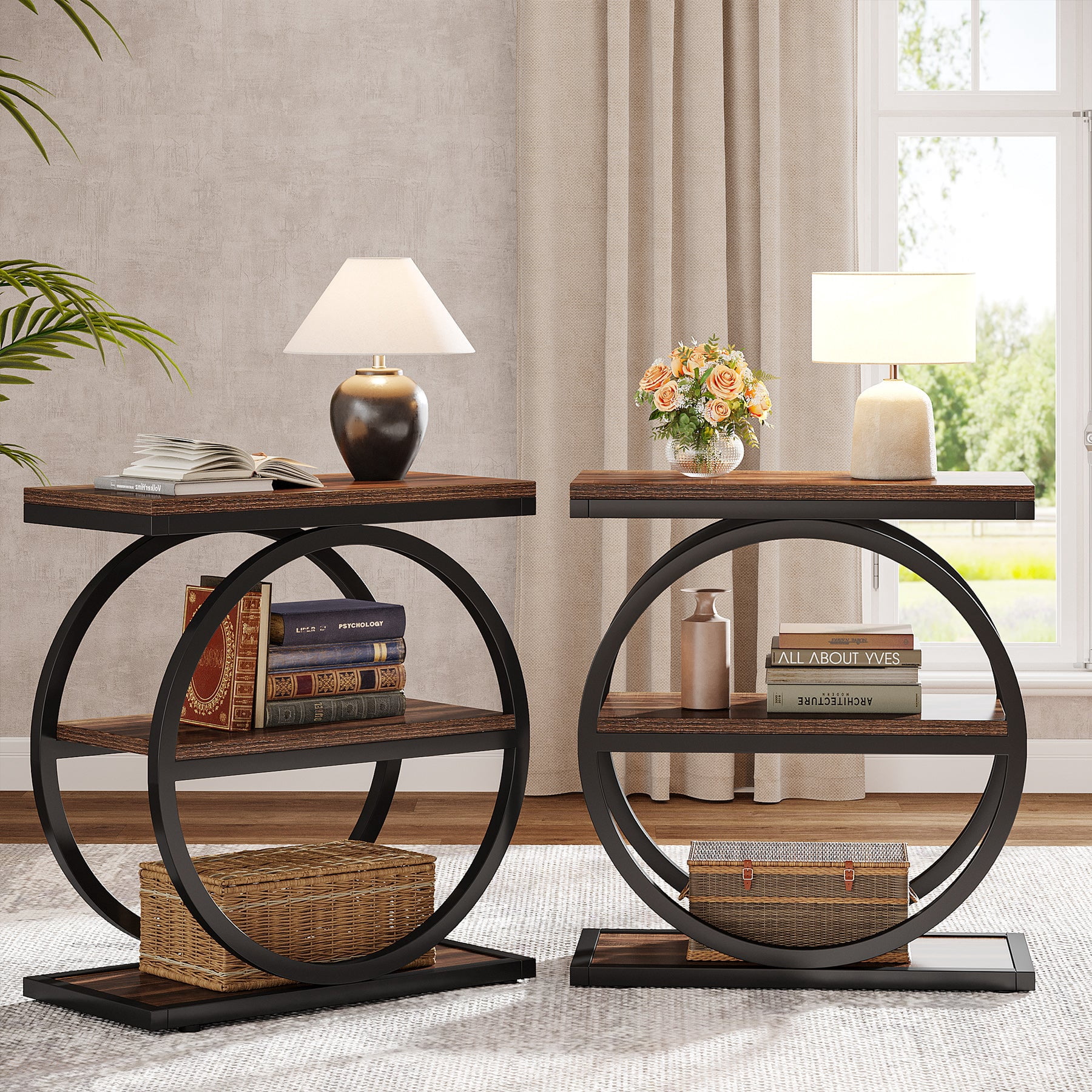 Fnova Side Table with Circular Metal Frame, End Table with 3-Tier Shelves for Living Room, Dark Brown
